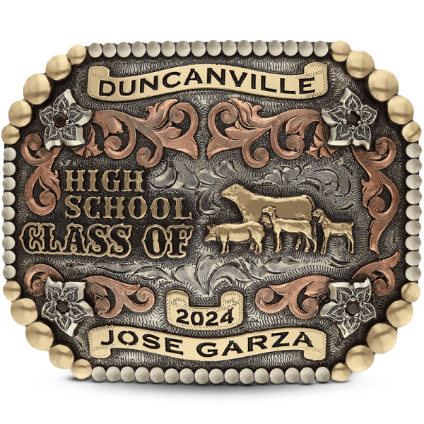 A custom belt buckle for Duncanville High School Class of 2024 personalized for Jose Garza featuring livestock animal figures